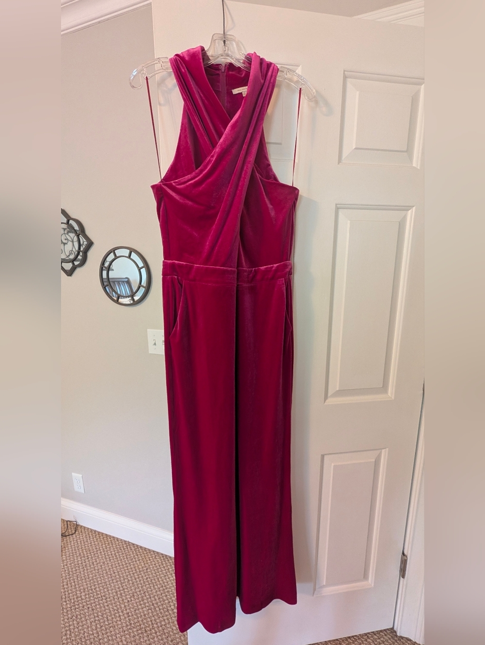 Skies Are Blue Cross-Over Velvet Jumpsuit - Berry